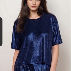 Johnny Was Jade Andi Blue Metallic Oversized Tee Size Small
